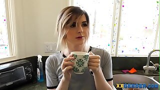 Trans blonde gets cum in mouth and face